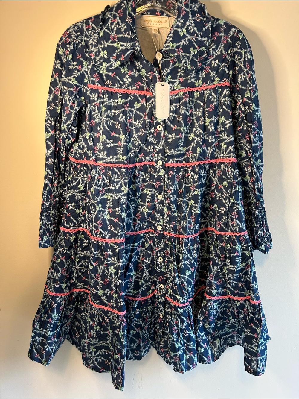 NWT Simply Southern Navy with Teal Pink Bows Button-Front Dress with Pink FALL